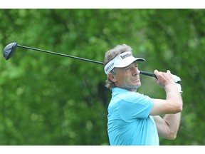 ROCHESTER, NEW YORK - MAY 23: Bernhard Langer of Germany watches his tee shot on the 10th hole during the first round of the KitchenAid Senior PGA Championship at Oak Hill Country Club on May 23, 2019 in Rochester, New York.
