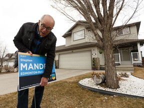 Alberta Party Leader Stephen Mandel with one of his signs as he door knocks in the Edmonton-McClung riding in Edmonton's Ormsby Place neighbourhood on Thursday, April 11, 2019.
