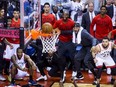 Kawhi Leonard watches as his game winning ball goes in to clinch the series in  Game 7 as their Raptors defeat the Philadelphia 76ers in Toronto on Sunday, May 12, 2019. (Stan Behal/Toronto Sun)