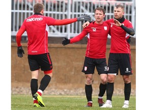 Cavalry FC (L-R) Oliver Minatel Dean Northover and Julian Buscher celebrate Northover's first half goal in a friendly match against Foothills FC at Spruce Meadows in Calgary on Saturday, April 27, 2019. The game was the final tune up for Cavalry before their home opener on May 4. Jim Wells/Postmedia