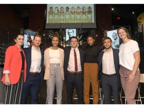 L-R, Sarah-Jane Marois, Chris Clapperton, Courtney Baker, Adam Sinagra, Theanna Vernon, Jace Kotsopoulos and Kiera Van Ryk, as Mathieu Betts was unable to attend,  were seven of the eight nominees announced for the 2019 Lieutenant Governor Athletic Awards Presented by Makadiff SPORTS, celebrating the U Sports Athletes of the Year for the 2018-19 season held at the Canada Sports Hall of Fame with the winners being annouced Thursday at the McDougall Centre in Calgary on Wednesday, May 1, 2019. Darren Makowichuk/Postmedia