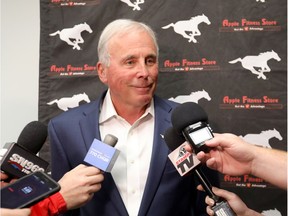 Calgary Stampeders general manager John Hufnagel speaks to media after drafting reciever, Hergy Mayala for their first round pick during the 2019 CFL draft at McMahon stadium in Calgary on Thursday, May 2, 2019. Darren Makowichuk/Postmedia