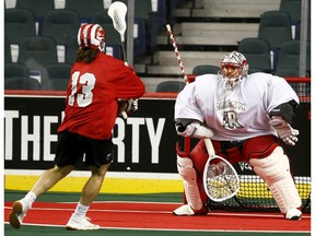 Net minder Christian Del Binco takes a shot during a practise as the Roughnecks get set to host the NLL West Division Final against the Colorado Mammoth. The series kicks off tomorrow at the Dome. Thursday, May 9, 2019. Brendan Miller/Postmedia