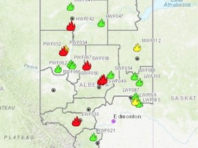 The Alberta wildfire map as of 8 a.m. May 20, 2019. The red fires were listed as out of control.