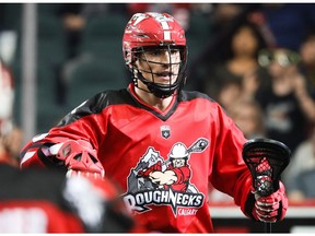Calgary Roughnecks Reece Callies celebrates after scoring his first career NLL lacrosse goal during a game against the New England Blackwolves at the Scotiabank Saddledome in Calgary on Saturday, January 12, 2019. Al Charest/Postmedia