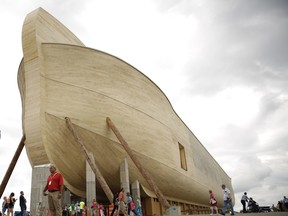 Attendees view the Noah's Ark replica at the Ark Encounter theme park in Williamstown, Kentucky, on July 5, 2016.