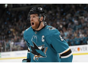 San Jose Sharks centre Joe Pavelski celebrates after scoring a goal against the Colorado Avalanche during the first period of Game 7 of an NHL hockey second-round playoff series in San Jose on Wednesday night.
