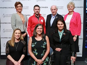 The 2019 inductees into the Canadian Sports Hall of Fame pose for a photo together on Thursday May 23, 2019. Back row from left are: Guylaine Bernier – Builder, Rowing, Alexandre Bilodeau – Athlete, Freestyle Skiing, Doug Mitchell – Builder, Multi Sport. Front row from left are;  Jayna Hefford – Athlete, Ice Hockey, Vicki Keith – Athlete, Swimming and Colette Bourgonje – Athlete, Para Nordic Skiing and and Para-Athletics. Martin Brodeur, Ice Hockey was also inducted but was unable to be at the event.