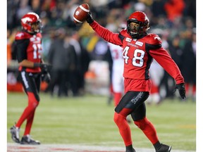 The Calgary Stampeders' Wynton McManis celebrates after recovering an Ottawa fumble during Grey Cup action against the Ottawa Redblacks at Commonwealth Stadium in Edmonton on Sunday November 25, 2018.  Gavin Young/Postmedia