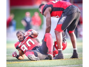 Calgary Stampeders Folarin Orimolade was injured early in the game against the Saskatchewan Roughriders during CFL pre-season football in Calgary on Friday, May 31, 2019. Al Charest/Postmedia