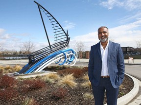 Chestermere Councillor Ritesh Narayan poses in front of a popular landmark statue near the City of Chestermere town hall on Wednesday, May 8, 2019. The city is about 20 km east of Calgary and has a population of about 20,000. Jim Wells/Postmedia