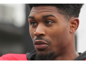 Defensive back DaShaun Amos talks to media following the first day of Calgary Stampeders' rookie camp in Calgary Thursday, May 16, 2019. Jim Wells/Postmedia