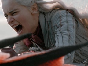This image released by HBO shows Emilia Clarke in a scene from "Game of Thrones," that aired Sunday, May 5, 2019.