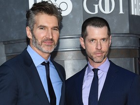 In this Wednesday, April 3, 2019, file photo, creator/executive producers David Benioff, left, and D. B. Weiss attend HBO's "Game of Thrones" final season premiere at Radio City Music Hall in New York.