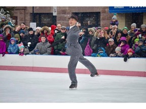 Kurt Browning performing his famous ÒSinging in the RainÓ number at the 2018 Feb Fest Imagination on Ice in downtown Kingston. Supplied photo