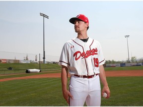 Jared Spearing, from UBC, a left handed pitcher for the Okotoks Dawgs, poses in Okotoks, south of Calgary on Wednesday, May 29, 2019. Jim Wells/Postmedia