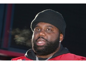 Derek Dennis talks to media following a light practice at McMahon Stadium in Calgary on Saturday, November 17, 2018. The Stampeders host the Winnipeg Blue Bombers in the CFL Western Final on Sunday. Jim Wells/Postmedia