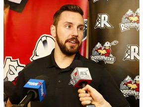 Roughnecks Captain Dan MacRae speaks to reporters prior to hosting the NLL West Division Final against the Colorado Mammoth. The series kicks off tomorrow at the Dome. Thursday, May 9, 2019. Brendan Miller/Postmedia