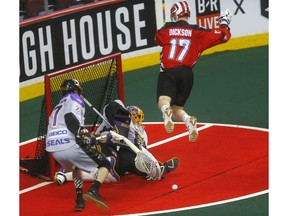 Calgary Roughnecks, Curtis Dickson is stopped by San Diego Seals goalie, Frank Scigliano in National Lacrosse Leagure action at the Scotiabank Saddledome in Calgary on Saturday, March 30, 2019. Darren Makowichuk/Postmedia