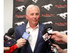 Calgary Stampeders general manager John Hufnagel speaks to media after drafting reciever, Hergy Mayala for their first round pick during the 2019 CFL draft at McMahon stadium in Calgary on Thursday, May 2, 2019. Darren Makowichuk/Postmedia
