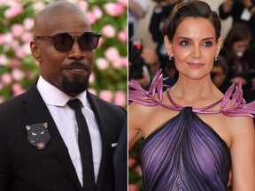 Jamie Foxx, left, and Katie Holmes attend The Metropolitan Museum of Art's Costume Institute benefit gala celebrating the opening of the "Camp: Notes on Fashion" exhibition on Monday, May 6, 2019, in New York. (Evan Agostini/Invision/AP and ANGELA WEISS/AFP/Getty Images)