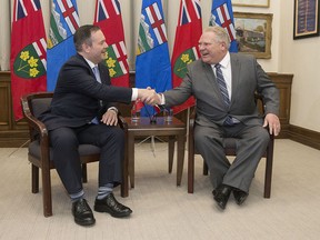 Ontario Premier Doug Ford meets with Alberta Premier Jason Kenney at the Ontario Legislature in Toronto on Friday, May 3, 2019.