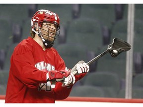 Defenceman Chad Cummings handles there ball during a practise as the Roughnecks get set to host the NLL West Division Final against the Colorado Mammoth. The series kicks off tomorrow at the Dome. Thursday, May 9, 2019. Brendan Miller/Postmedia