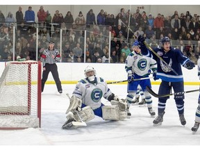 Canmore Eagle Owen Reith cheers after Nolan Steer's shot hits the net to score on the Calgary Canucks in the first period of their AJHL game at the Banff Fenlands Arena on Wednesday, January 23, 2019. The game was sold out with standing room only in Banff. The Canucks won the game 8-3. photo by Pam Doyle/pamdoylephoto.com