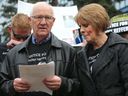 Parents Irene and Pat Heffernan and family give an emotional speech from son Anthony Heffernan who was shot by police as 100 supporters came out for the justice walk and rally in Calgary, Alta.  on Saturday 4 April 2015. 