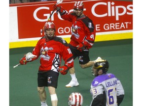 Calgary Roughnecks' Rhys Duch scores on San Diego Seals goalie Frank Scigliano in National Lacrosse Leagure action at the Scotiabank Saddledome in Calgary on Saturday, March 30, 2019. Darren Makowichuk/Postmedia