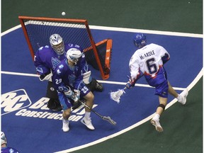 Rochester Nighthawks Angus Goodleaf G (55) makes a save on Toronto Rock Kieran McArdle F (6) during the first half in Toronto, Ont. on Saturday January 13, 2018. Jack Boland/Toronto Sun/Postmedia Network