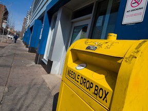 A needle drop box outside the Sheldon M. Chumir Health Centre, which houses the Safeworks safe consumption site in downtown Calgary.