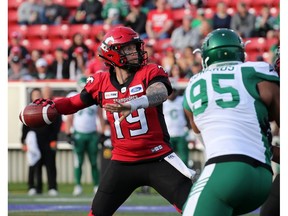Calgary Stampeders quarterback Bo Levi Mitchell lines up a pass during pre-season CFL action against the Saskatchewan Roughriders at McMahon Stadium in Calgary on Friday May 31, 2019. Gavin Young/Postmedia