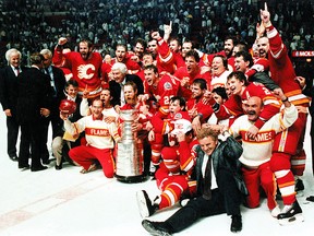 The Calgary Flames pose for a team photo after winning the 1989 Stanley Cup over the Montreal Canadiens at the Forum.