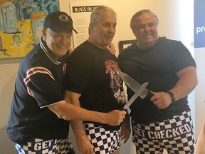 Gerry Forbes, from left, Bret Hart and Tony Spoletini are promoting the seventh annual Village Nutraiser at Bottlescrew Bills, an event for prostate cancer awareness.