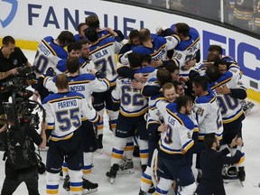 The St. Louis Blues celebrate after defeating the Boston Bruins in Game Seven to win the 2019 NHL Stanley Cup Final at TD Garden on June 12, 2019 in Boston, Massachusetts.