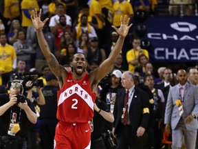 Kawhi Leonard #2 of the Toronto Raptors celebrates his teams win over the Golden State Warriors in Game Six to win the 2019 NBA Finals at ORACLE Arena on June 13, 2019 in Oakland, California. (Ezra Shaw/Getty Images)