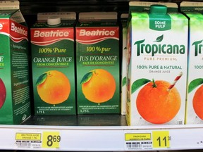 Cartons of orange juice at the Northern in Fort Chipewyan, Alberta highlights issues with food prices in northern Canada on February 8, 2018.