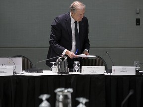 Senator David Tkachuk prepares for the afternoon session of the Standing Senate Committee on Transport and Communications public hearing on oil tanker ban Bill C-48, at the Delta Hotel Centre Suites, in Edmonton Tuesday April 30, 2019. Photo by David Bloom