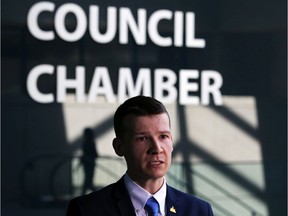 Calgary ward 11 Councillor Jeromy Farkas speaks about his plan to deal with the ongoing business tax dilemma at City Hall on Monday June 3, 2019.  Gavin Young/Postmedia