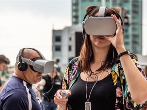 About 100 guests test out a new Blackfoot language and storytelling game created by MAMMOTH, a local augmented and virtual reality company. The guests attended the USAYÕs Thunder VR launch party on Monday, June 17. The virtual reality game teaches users Blackfoot language through storytelling.