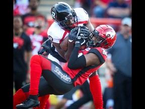 Calgary Stampeders Tre Roberson with his third interception of the game against the Ottawa Redblacks during CFL football in Calgary on Saturday, June 15, 2019. Al Charest/Postmedia