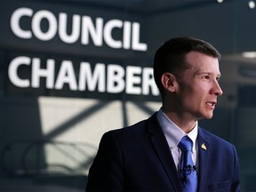Calgary ward 11 Councillor Jeromy Farkas speaks about his plan to deal with the ongoing business tax dilemma at City Hall on Monday June 3, 2019.  Gavin Young/Postmedia