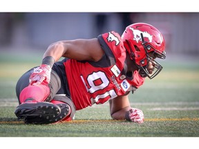 Calgary Stampeders Folarin Orimolade was injured early in the game against the Saskatchewan Roughriders during CFL pre-season football in Calgary on Friday, May 31, 2019. Al Charest/Postmedia