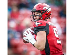 Calgary Stampeders quarterback Nick Arbuckle  looks to throw a pass against the Saskatchewan Roughriders during CFL pre-season football in Calgary on Friday, May 31, 2019. Al Charest/Postmedia