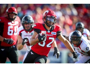 Calgary Stampeders Juwan Brescacin runs for a first down after making catch against the Ottawa Redblacks during CFL football in Calgary on Saturday, June 15, 2019. Al Charest/Postmedia