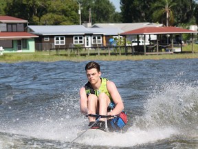 Jacob Wassermann takes part in an adaptive water skiing competition in Florida in an April, 2019 handout photo. Wassermann spent most of his life on the ice before he fell in love in the water. The former Humboldt Broncos goaltender, who started behind the net when he was nine, was paralyzed when the junior hockey team's bus crashed with a semi last year in Saskatchewan that claimed 16 lives. Wasserman has put hockey behind him and switched to a new sport -- adaptive water-skiing.