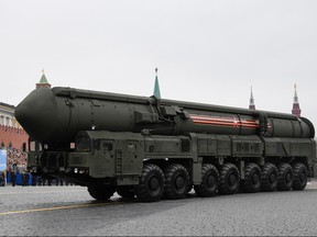 A Russian Yars RS-24 intercontinental ballistic missile system rolls through Red Square during the Victory Day military parade in downtown Moscow on May 9, 2019. (ALEXANDER NEMENOV/AFP/Getty Images)