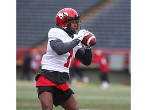 Receiver Hergy Mayala works out on the field during the first day of Calgary Stampeders' rookie camp in Calgary Thursday, May 16, 2019. Jim Wells/Postmedia