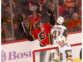 Calgary Flames Sean Monahan celebrates his second goal against Vegas Golden Knights Malcolm Subban in first period action at the Scotiabank Saddledome in Calgary on Monday November 19, 2018. Darren Makowichuk/Postmedia